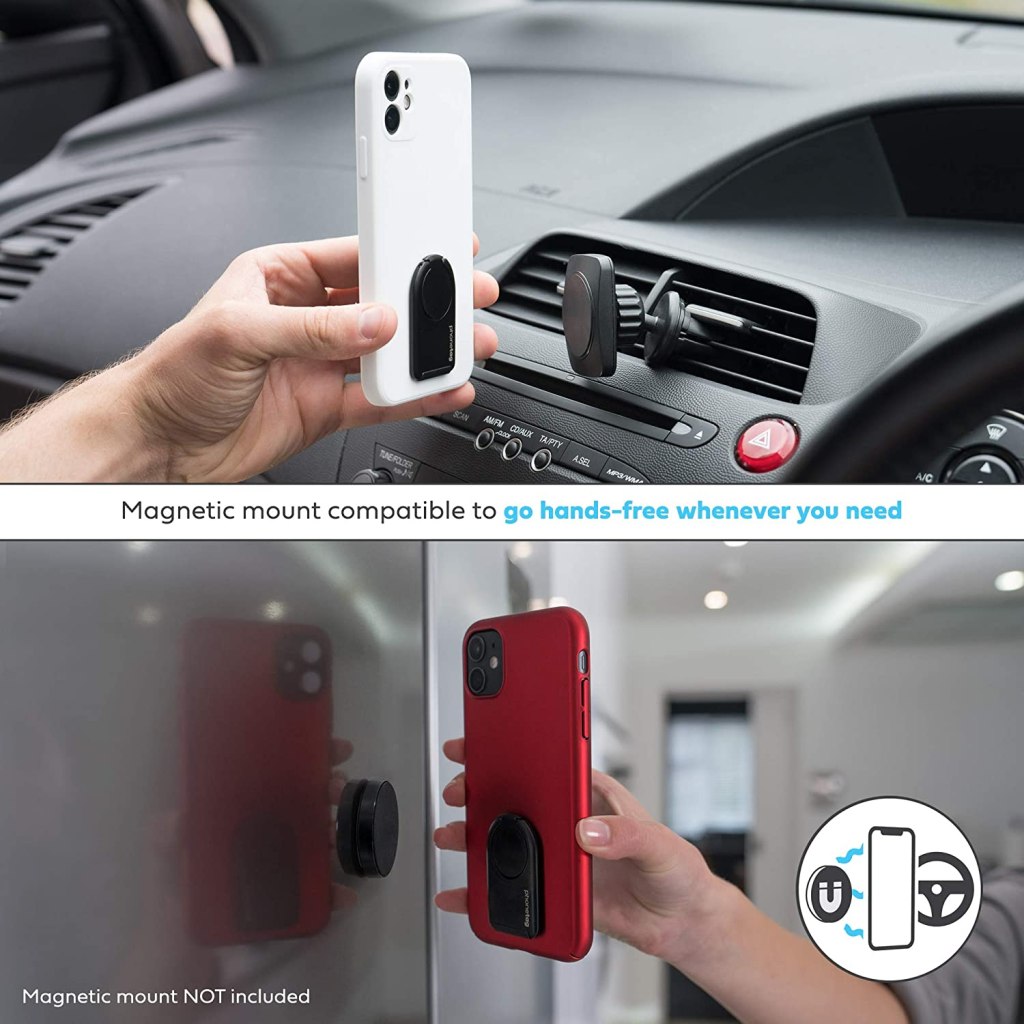 image showing an iPhone being mounted using a Phonetag finger ring holder can compatible car and wall mounts