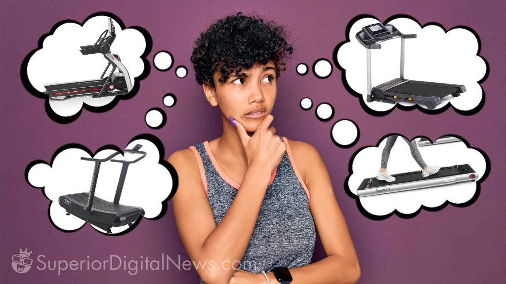 image of a confused woman, dressed for fitness, and surrounded by thought bubbles filled with treadmills