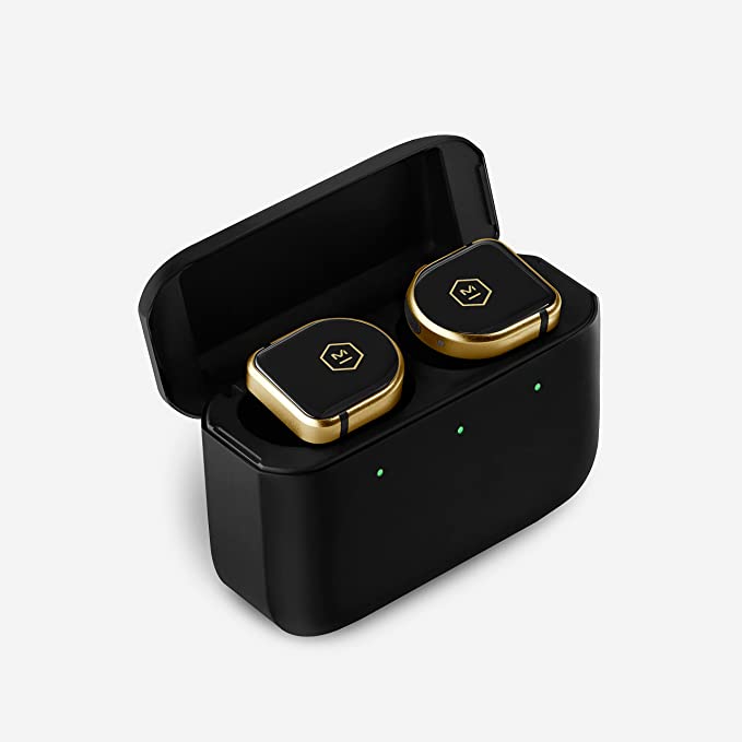image of the Gold and Black master and dynamic earbuds in their black charging case