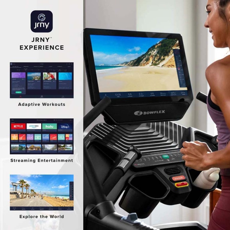 image of the Bowflex T22's huge display with screen shots of the JRNY Fitness app