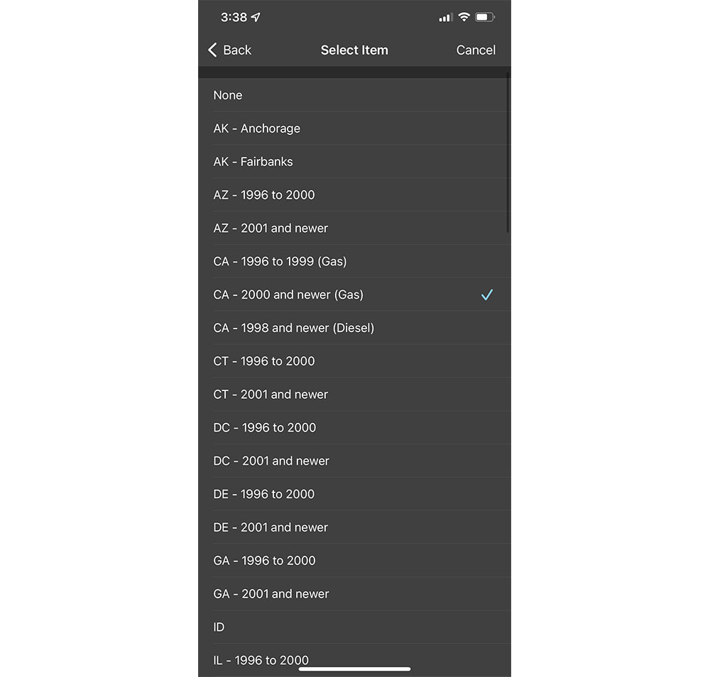 image of OBDLink App's Smog Check Readiness Test state selection