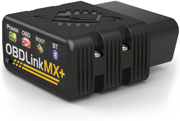 image of OBDLink MX+ Bluetooth OBD Scanner showing light panel and connection button