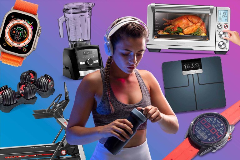 image of a with a woman wearing headphones, holding a water bottle, and wearing fitness clothing with a collage of gadgets and equipement that support maintaining a healthy lifestyle