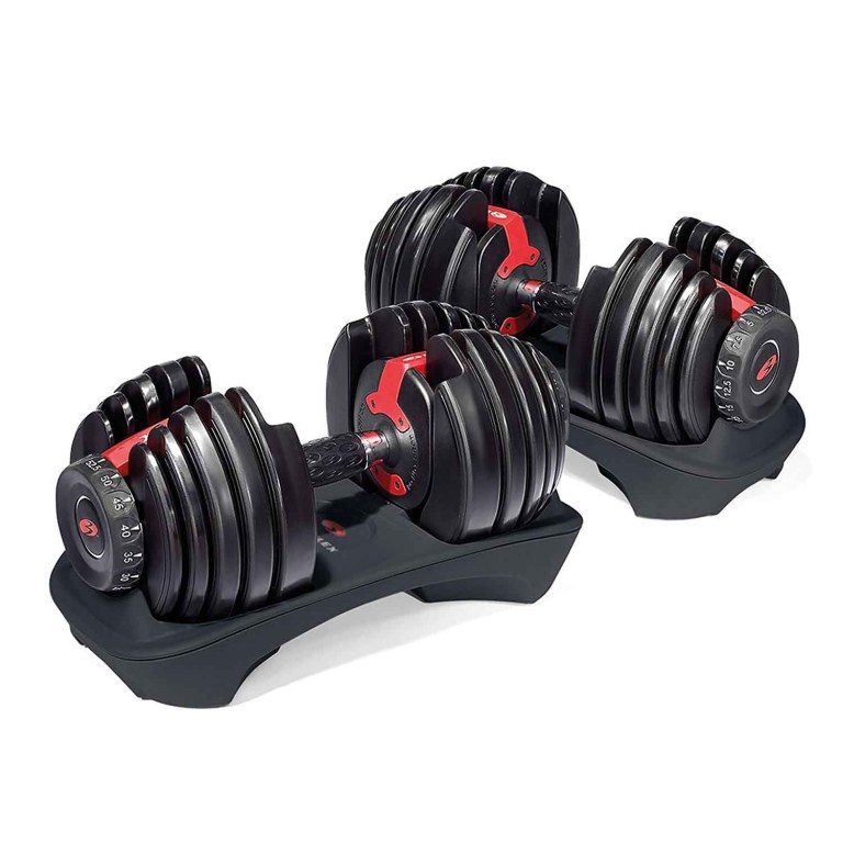 Image of the Bowflex SelectTech 552 Adjustable Dumbbells and their storage pedestals