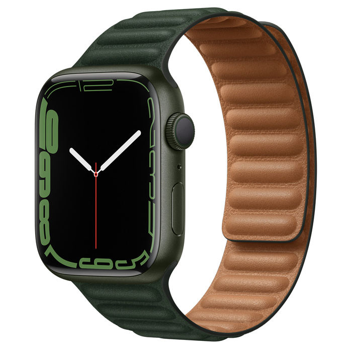 Image of a green Apple Watch Series 7 with a leather magentic strap