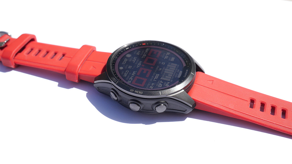 Image of Garmin Fenix 7s solar's left side, showing the 3 physical navigation buttons.