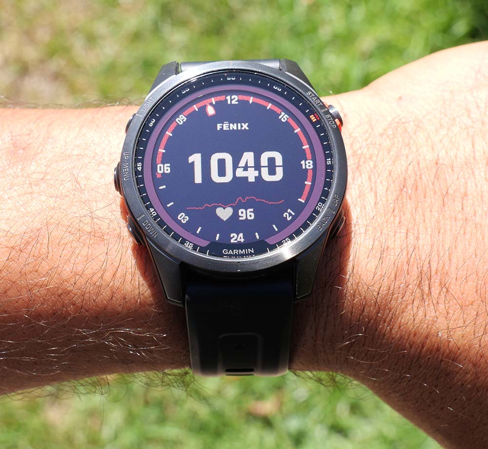 Image of the Garmin Fenix 7 showing off the sunlight-friendly, transflective display in outdoor conditions