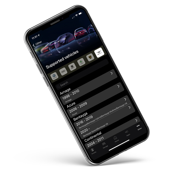 Image of the OBDeleven app that shows the compatible VAG cars