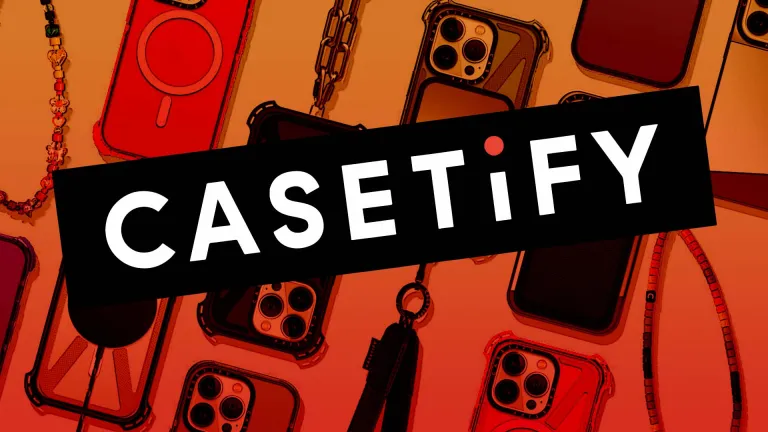 image of the Casetify logo laid over multiple cell phones with Casetify cases and other mobile accessories laying flat