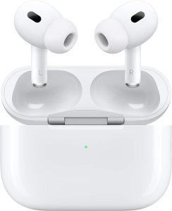image of the Apple AirPods Pro floating above their open charging case