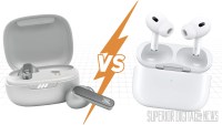 image for the Apple AirPods Pro vs JBL Live Pro 2 comparison article, it features the 2 sets of earbuds and their charging cases side by side with a lightning bolt in the middle