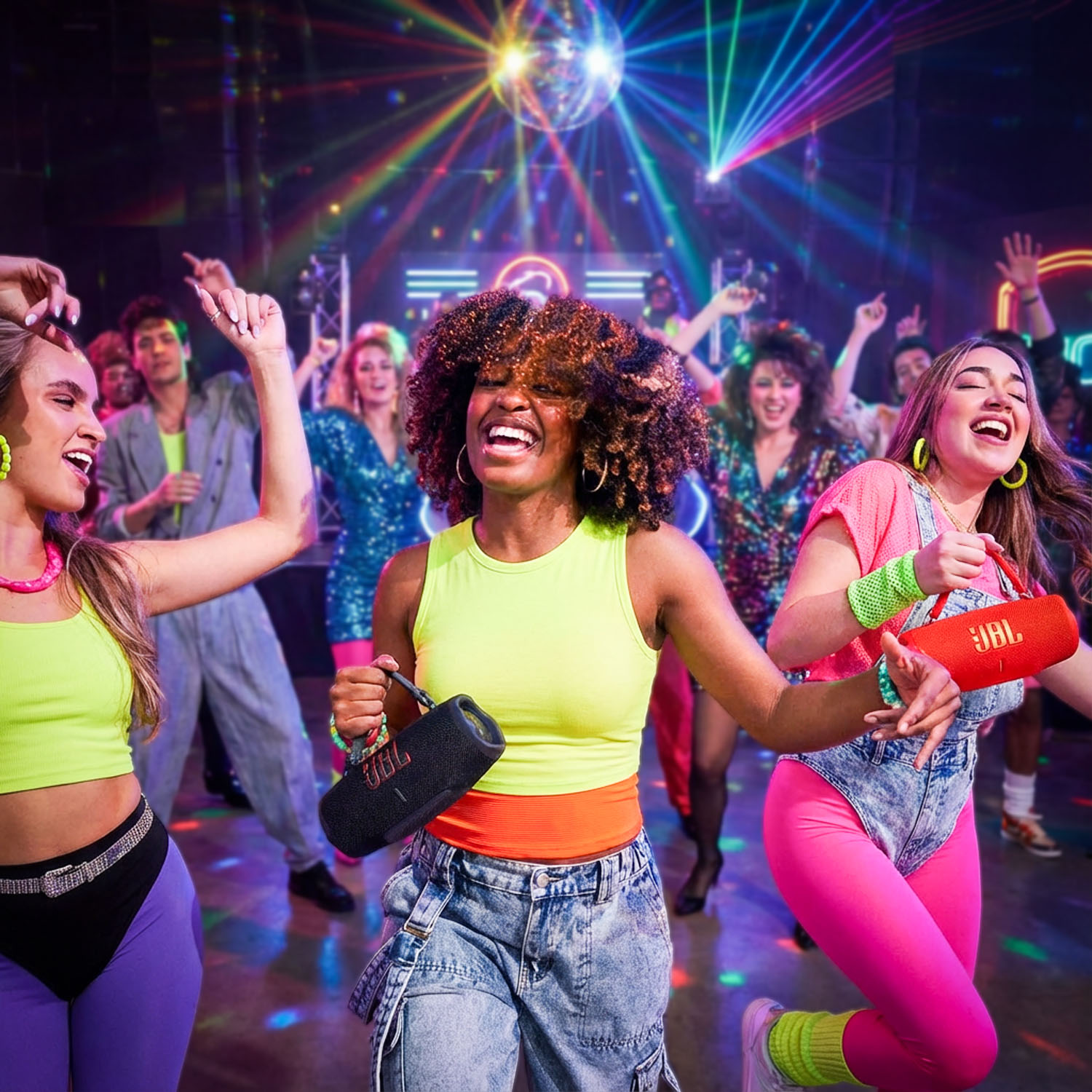 women-dancing-in-an-80s-style-club-holding-jbl-charge-6-portable-speakers