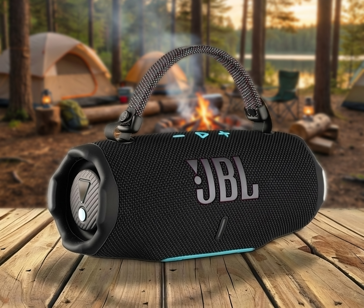 jbl-charge-6-bluetooth-speaker-sitting-on-a-picinic-table-at-a-camp-ground-next-to-a-lake