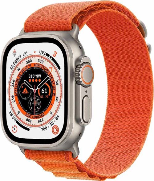 Image of the Apple Watch Ultra Titanium Case with Alpine Orange Strap